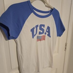 USA Flag Graphic Women's Blue and White Tee